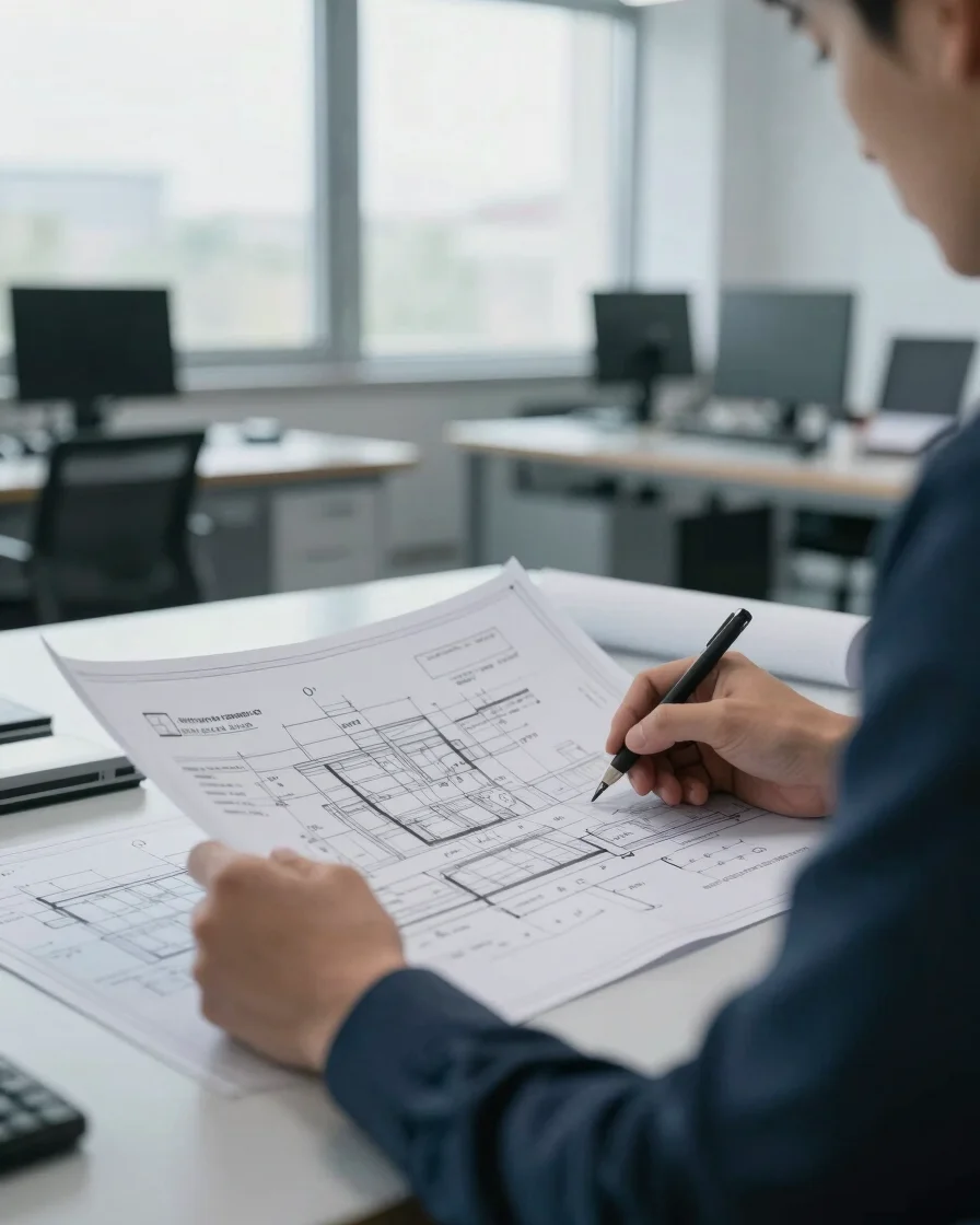 Close up of an engineer examining detailed technical blueprints in a modern structured workspace, muted slate lighting,