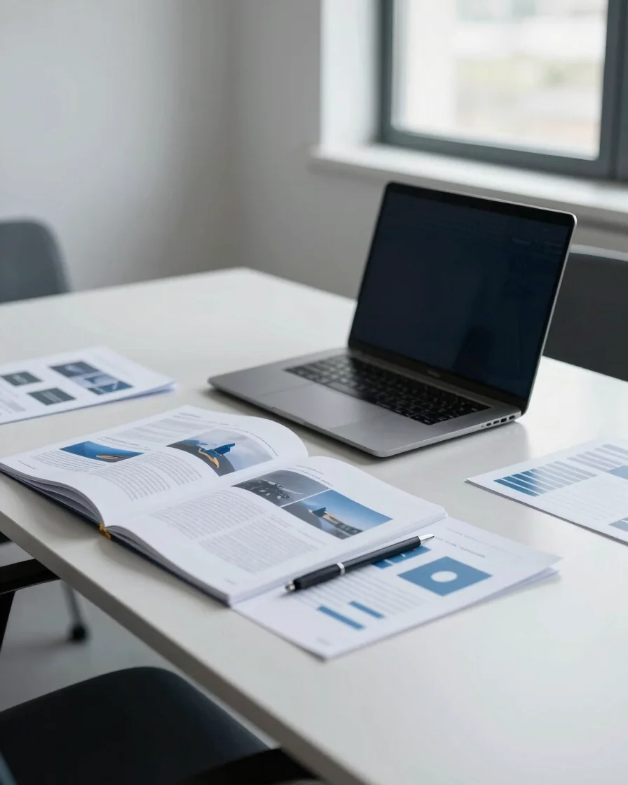Une table de réunion moderne et épurée avec des documents de projet ouverts, un ordinateur portable et des stylos, éclai