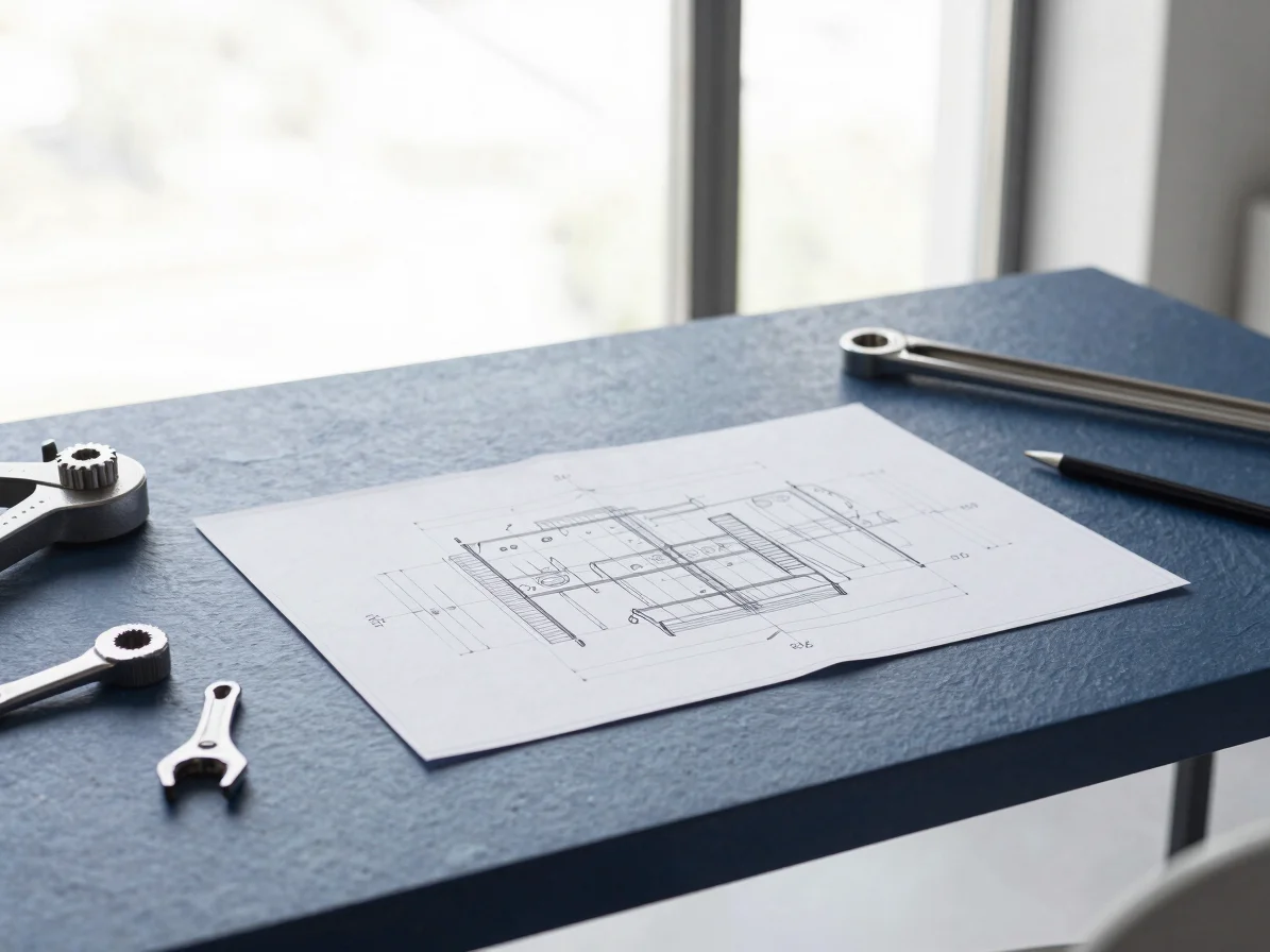 Clean modern architectural desk with technical drawings, mechanical tools, soft natural daylight, slate blue tones