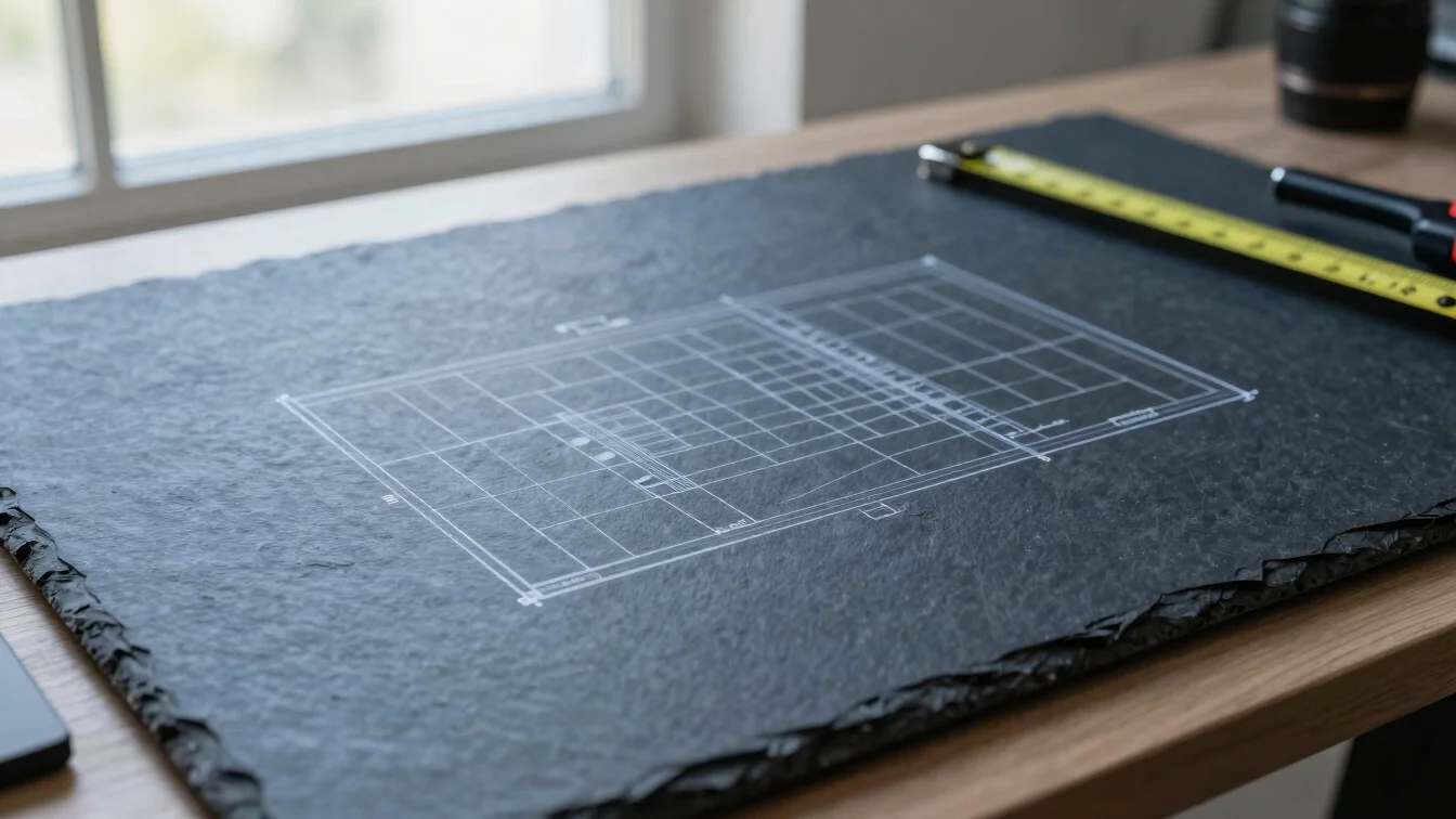 Architectural blueprints and precision measuring equipment on dark slate desk, natural window light