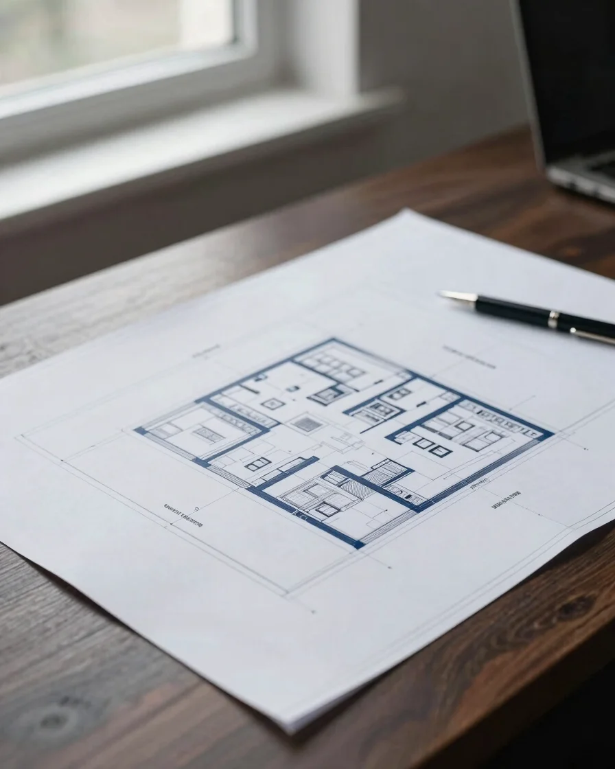 Architectural plans and technical drafting tools on a dark oak desk, soft daylight from a side window, desaturated slate